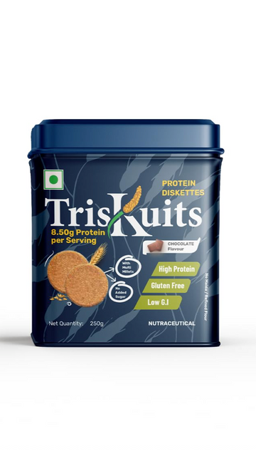 Triskuits by NUTRIVATE | High Protein Diskettes | 100% Veg | Enriched with Casein Protein and made with Multi-Grain Millets has Low GI, No Added Sugar, Gluten-Free, Trans-Fat Free | Chocolate