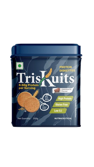 Triskuits by NUTRIVATE | High Protein Diskettes | 100% Veg | Enriched with Casein Protein and made with Multi-Grain Millets has Low GI, No Added Sugar, Gluten-Free, Trans-Fat Free | Chocolate